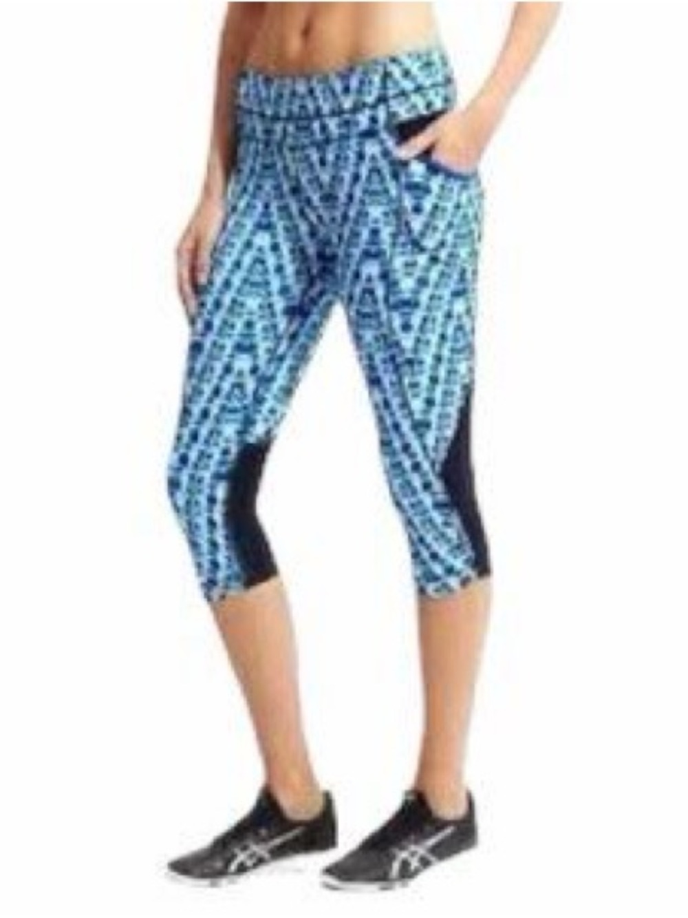 Athleta Blue Tie-Dye Capri Leggings with Black Waistband